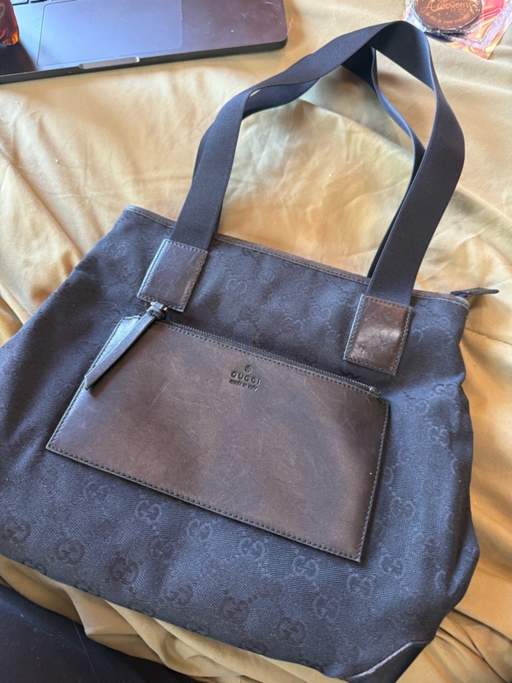 Gucci Black Signature GG Canvas Tote with Front Pocket